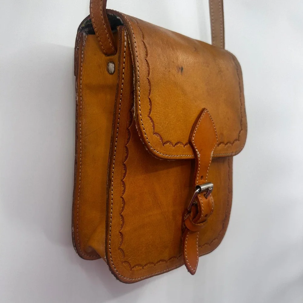 Hand Tooled‎ Leather Crossbody Messenger Bag Rustic Boho Vintage Style